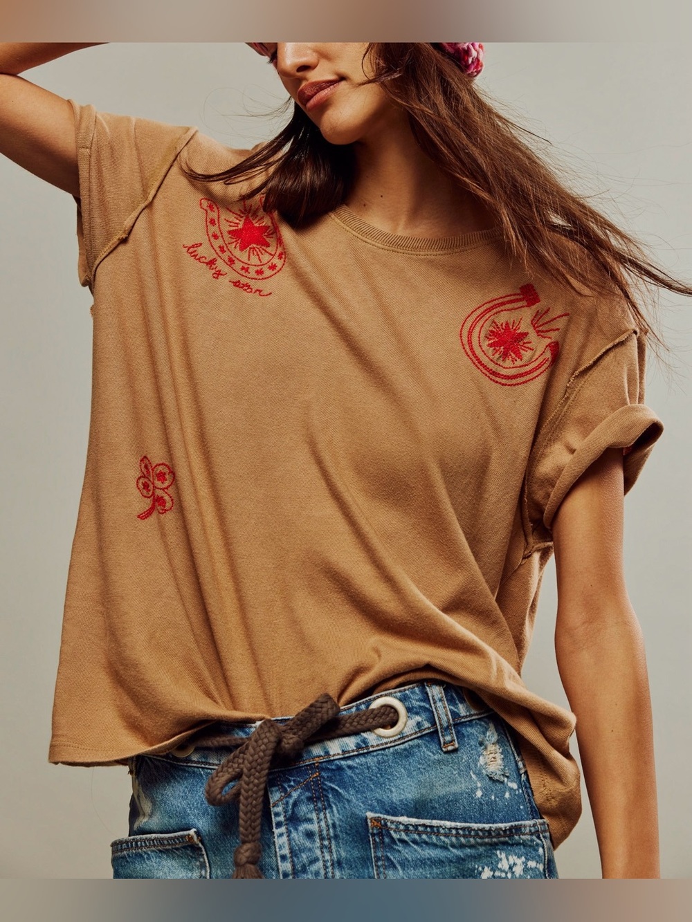 NWT Free People We The Free Horsin' Around Tee - horse shoe combo Brown - L, XL - Picture 5 of 11